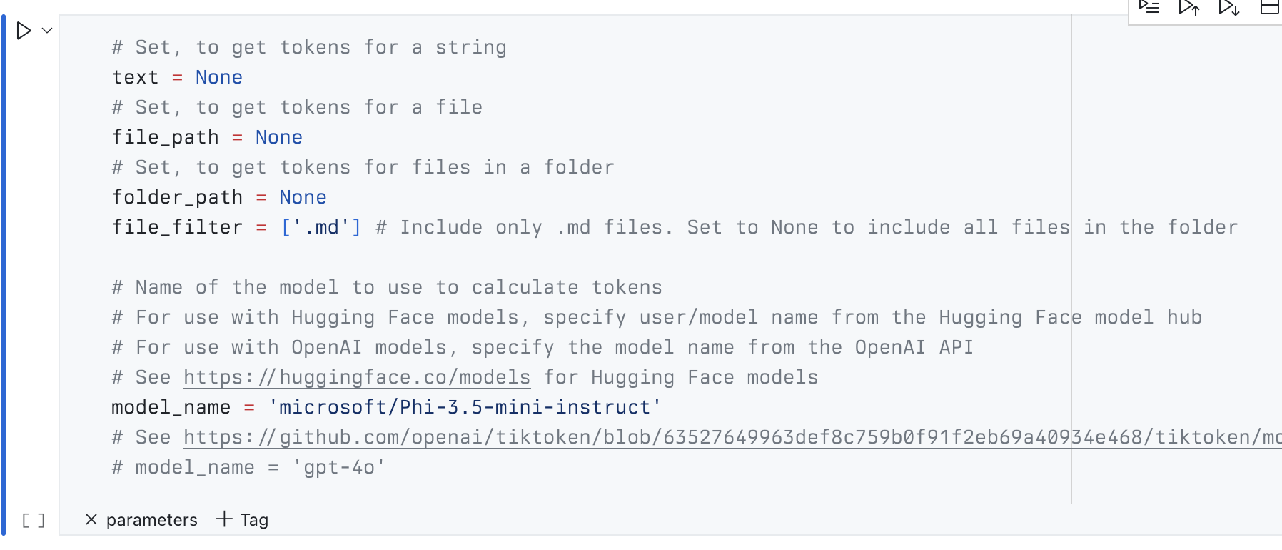 Screenshot of a cell in a Jupyter notebook showing the configuration options