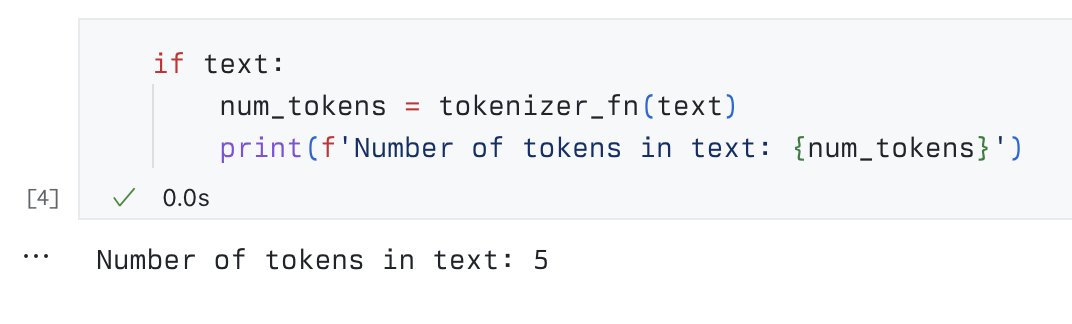 Output of a cell in a Jupyter notebook showing the number of tokens for a string