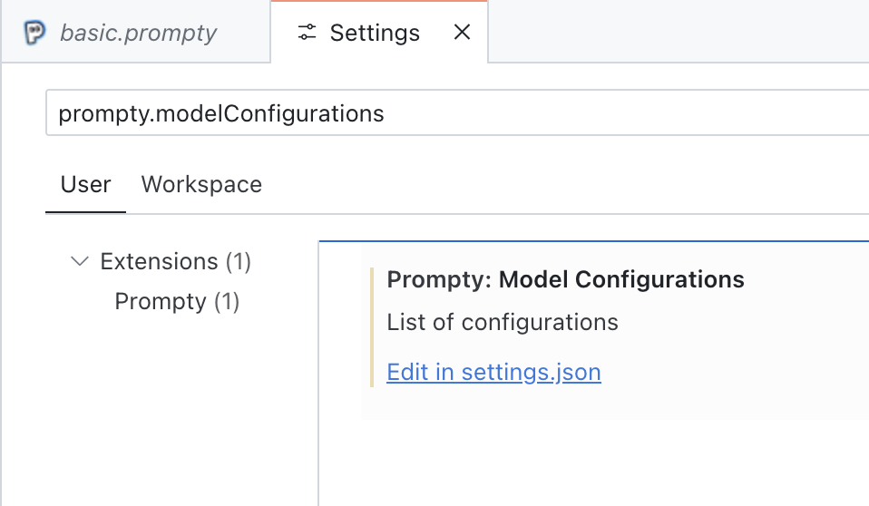 Visual Studio Code settings interface displaying the Prompty Model Configurations section. The interface shows options to configure model settings with an Edit in settings.json button prominently displayed.