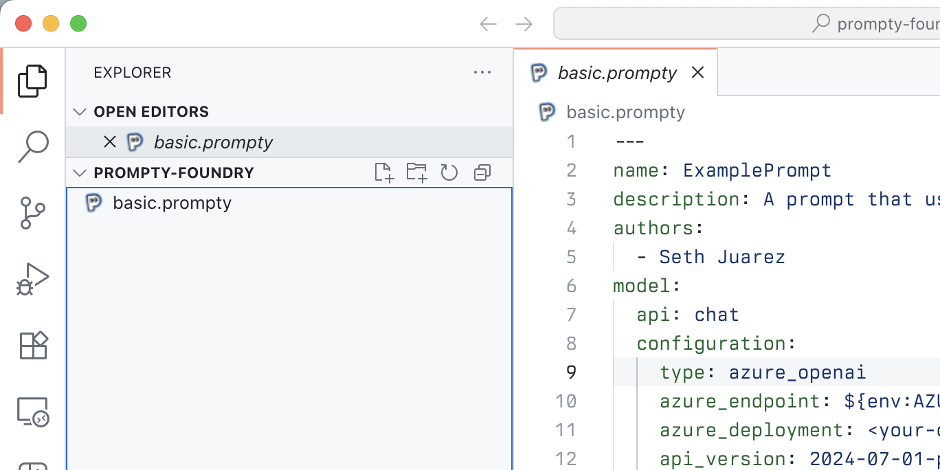 Visual Studio Code Explorer panel showing a newly created Prompty file named basic.prompty. The file is also opened in the editor.