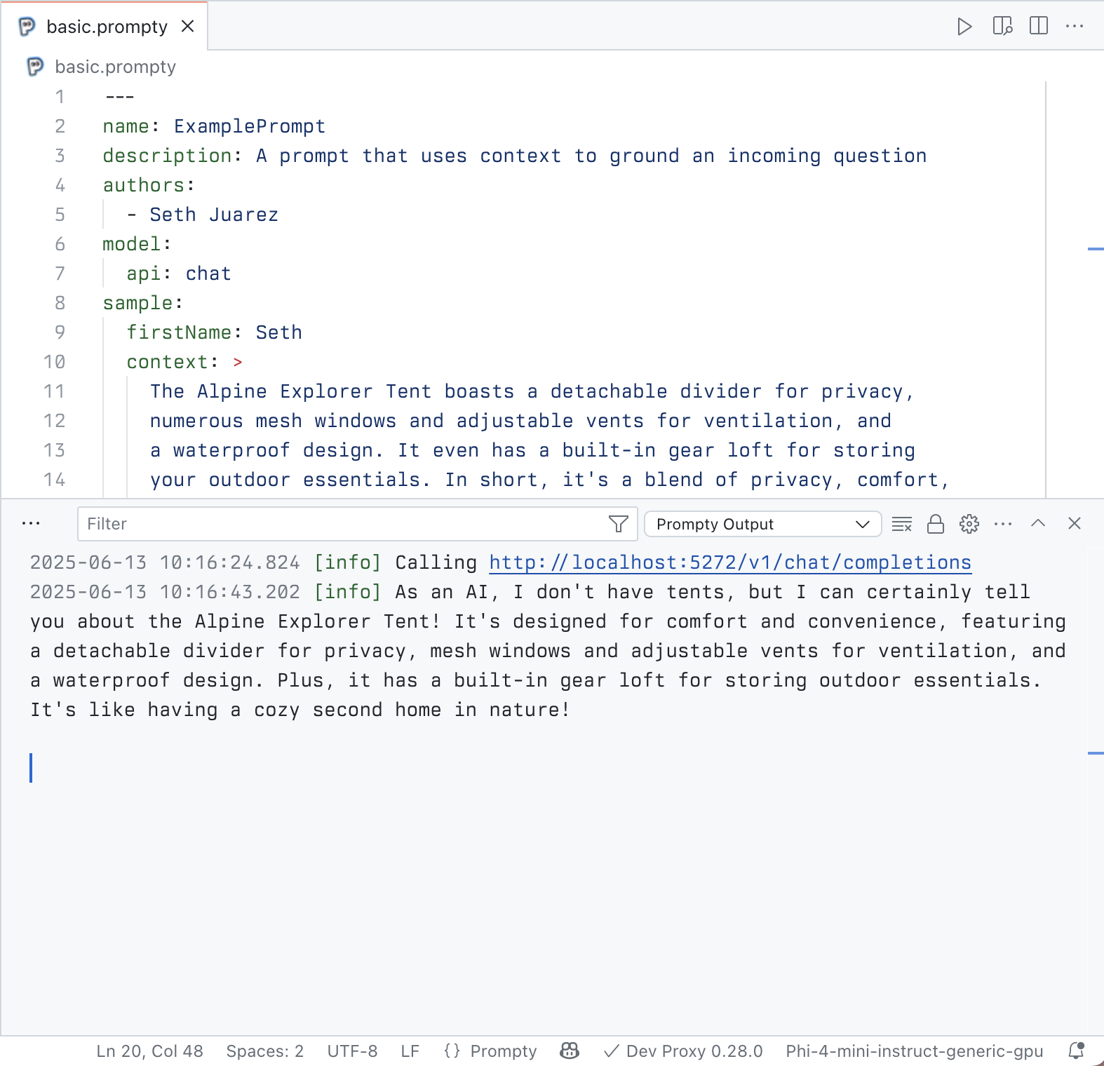 Visual Studio Code editor displaying the response from Foundry Local in the output panel.