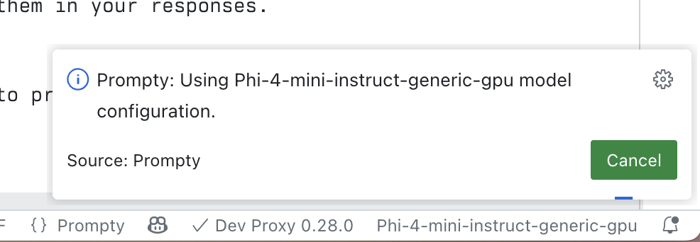Visual Studio Code editor displaying notifcation message for the Prompty extension that it's using the Phi-4-mini-instruct-generic-gpu model configuration.