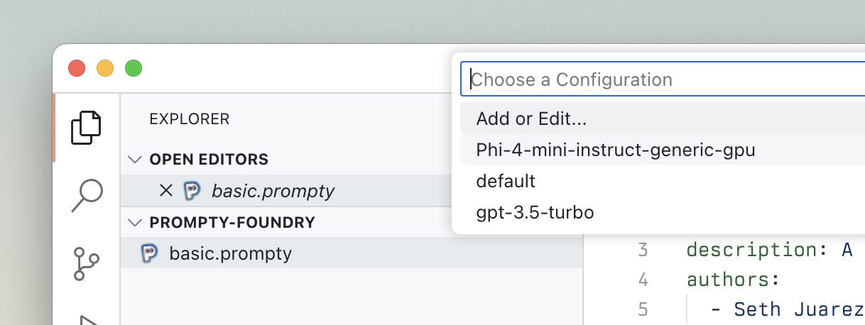 Visual Studio Code dropdown menu displaying Prompty configuration options. The menu shows several configuration choices including default, Phi-4-mini-instruct-generic-gpu (which appears to be highlighted or selected), and other model configurations.