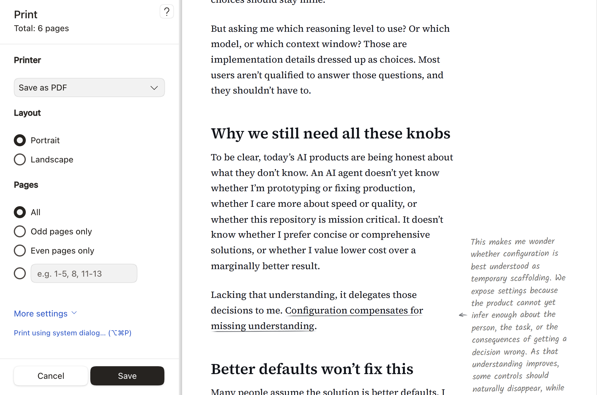 Printing an annotated essay with personal notes in the margin