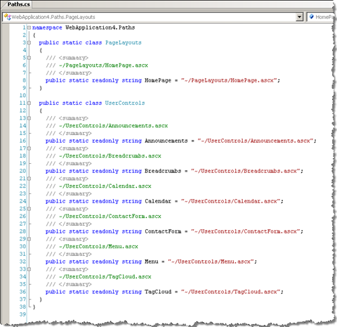 Code of the generated class containing the virtual paths to User Controls