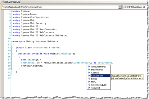 Defining the User Control to be loaded using intellisense thanks to the generated class