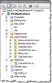 Solution Explorer showing a Web Application project with some User Controls and the T4 template