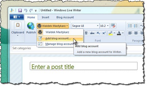 The 'Add blog account...' option highlighted in Windows Live Writer