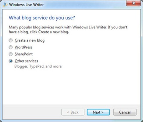 The blog service configuration dialog in Windows Live Writer