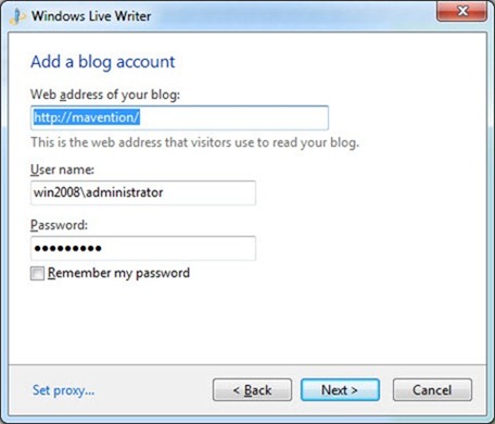 Blog account configuration dialog in Windows Live Writer