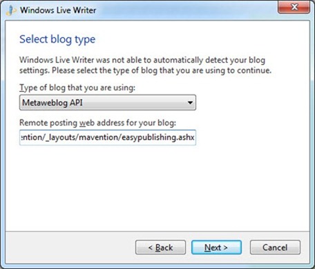 Blog type configuration dialog in Windows Live Writer