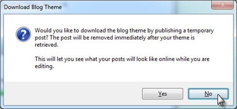 The 'Download Blog Theme' prompt in Windows Live Writer