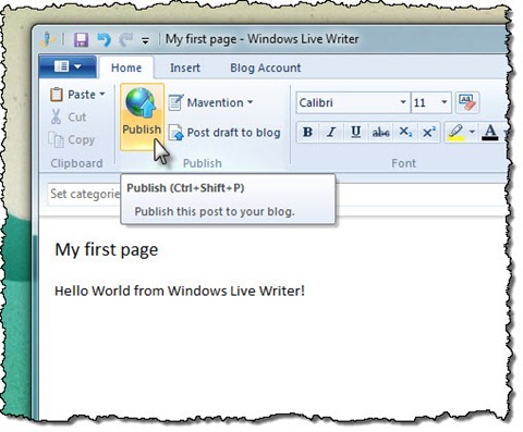 Publish option highlighted in the Ribbon in Windows Live Writer