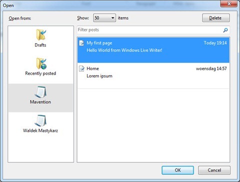 The 'Open post' dialog in Windows Live Writer