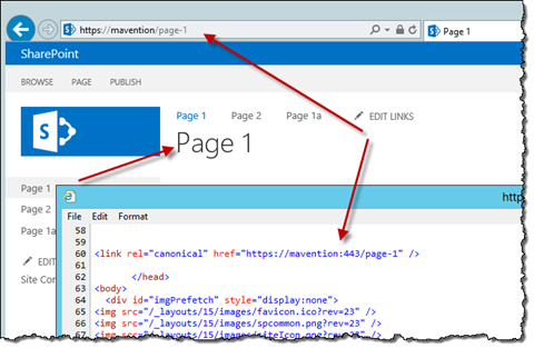 Canonical URL highlighted in the source of one page published using two URLs