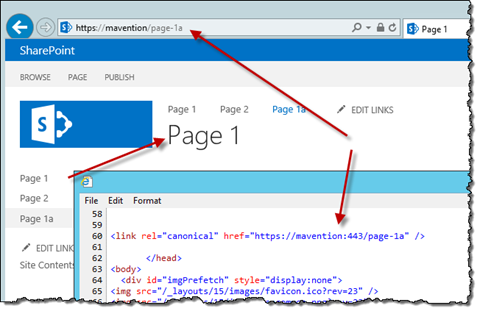 Canonical URL highlighted in the source of one page published using two URLs