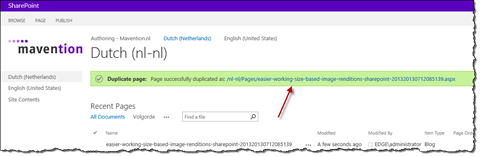 Link to the newly duplicated page highlighted in the status message confirming the successful duplication of the page