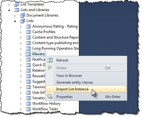 Import List Instance menu item added to the List context menu