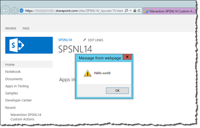 Alert message displayed by the script registered using a ScriptLink Custom Action