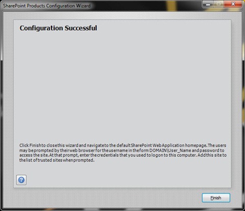 ‘Configuration Successful’ message displayed by the SharePoint Products Configuration Wizard