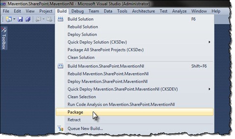 Package option highlighted in the Build menu