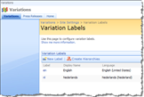 A piece of Variation Labels page in Microsoft Office SharePoint Server 2007