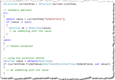 Comparing two different approaches of retrieving the field value from a list item. Using the extension method is more efficient than using the standard approach