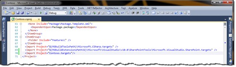Project file with a reference to the Contoso.targets file