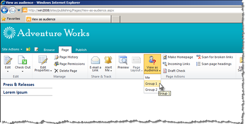 Group 1 menu option highlighted in the View as Audience drop-down list