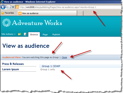 Publishing Page with a Content Editor Web Part. Some information has been marked with arrows