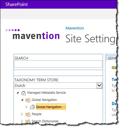 The ‘Global Navigation’ Term Set highlighted in the Term store management tool in SharePoint 2013