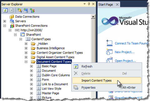 Import Content Types menu option on a Content Type Group