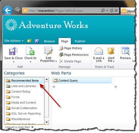Red arrow pointing to the Recommended Items category in the Web Part Adder