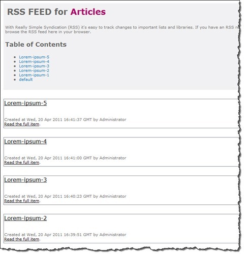 Sample RSS Feed generated using the List RSS Feed