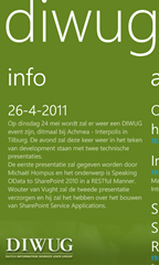 DIWUG event WP7 app showing the general information about the upcoming DIWUG event