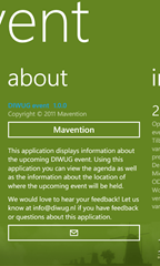 The About screen in the DIWUG event WP7 app