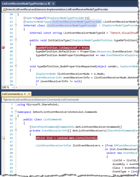 Two documents in Visual Studio: above implementation code with debugger attached, below SharePoint Commands code where the breakpoint will not get hit