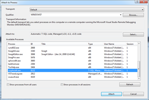 Attaching debugger to the vssphost4.exe process responsible for executing the code of SharePoint Commands