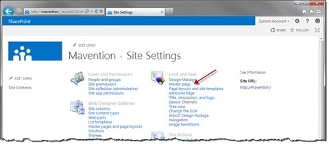 Master page link highlighted in Site Settings