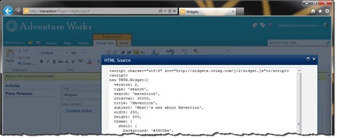 twitter widget’s code pasted into the HTML source of a Content Editor Web Part