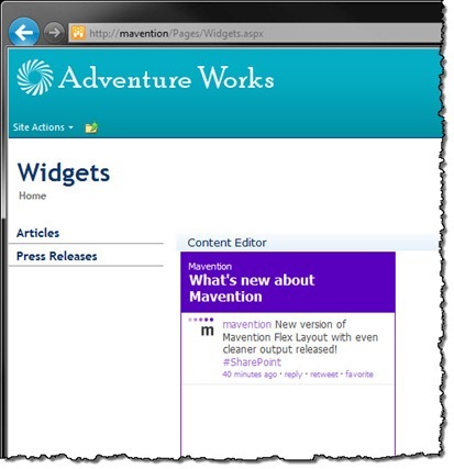 twitter widget embedded on a page using the Content Editor Web Part