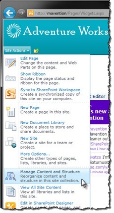 The Manage Content and Structure option highlighted in the Site Actions menu