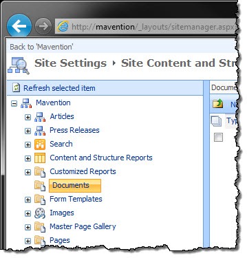 Documents Library selected in the Manage Content and Structure tool