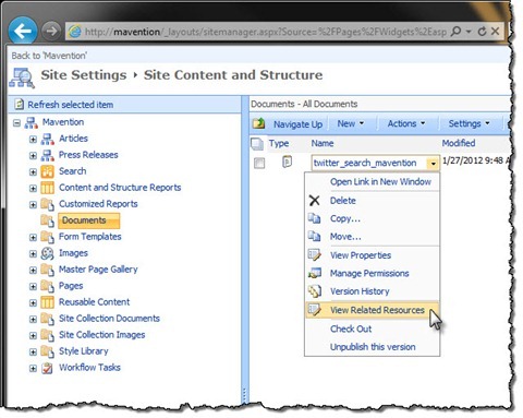 The View Related Resources option highlighted in the context menu