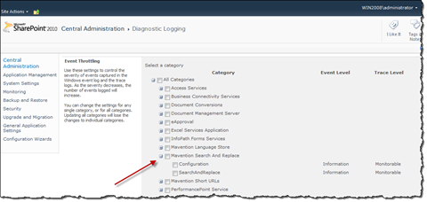 The ‘Mavention Search and Replace’ category highlighted on the ‘Configure diagnostic logging’ page in Central Administration