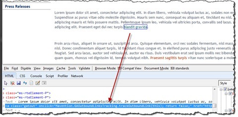 Red arrow pointing to the onclick attribute on a hyperlink in HTML source view
