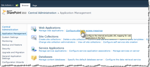 Configure Alternate Access Mappings link in Central Administration highlighted