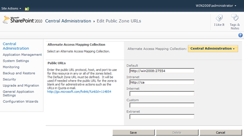 Alternate Access Mappings for the Central Administration Web Application