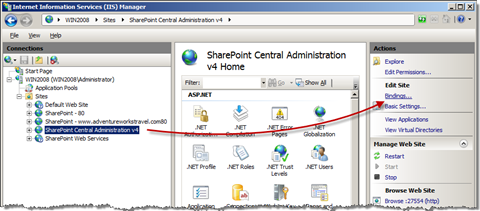 IIS Manager with the Central Administration site selected and an arrow pointing from the Site to the Bindings link in the Actions panel
