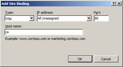 Add Site Binding dialog window with the ca host name